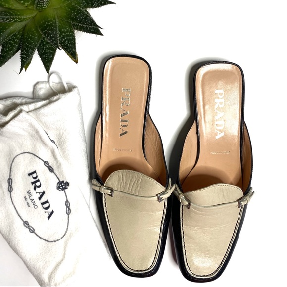 Prada Shoes - Prada tan and black buckle mules size 38.5